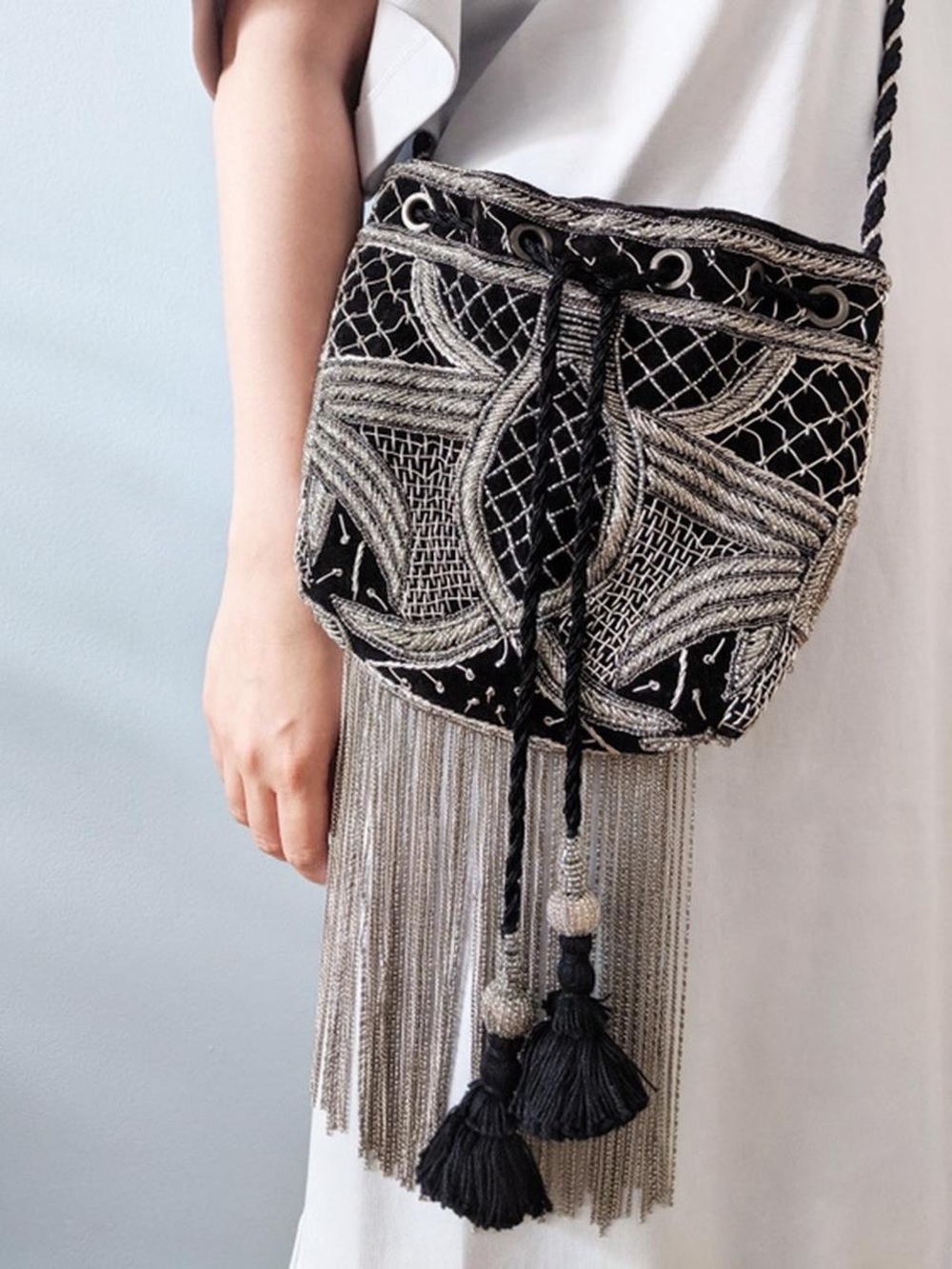 Zara beaded tassel bag with fringe